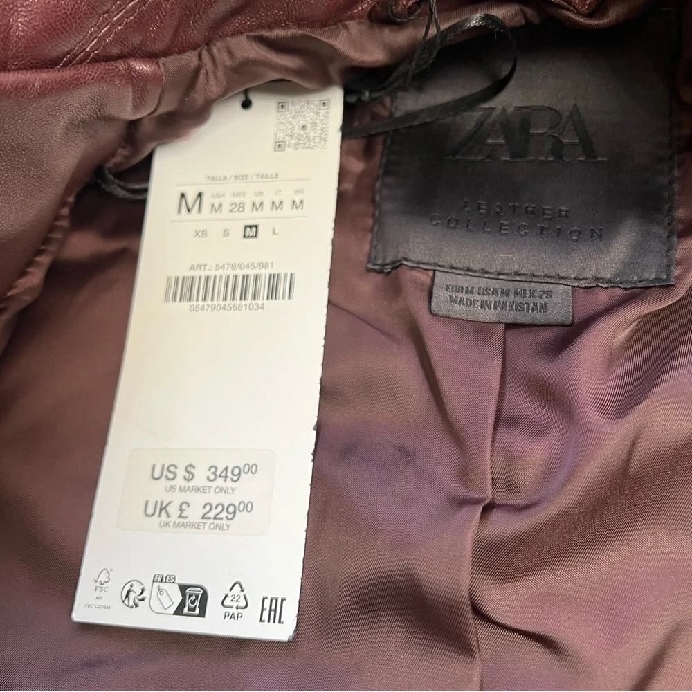 ZARA $349 100% Sheep Leather Burgundy Button Down Womens Jacket M